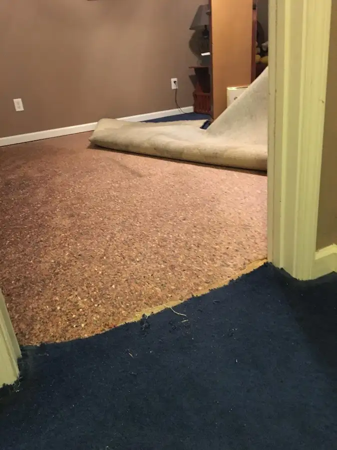 Carpet pad removal revealing water damage during Drying & Dehumidification in Lago Vista